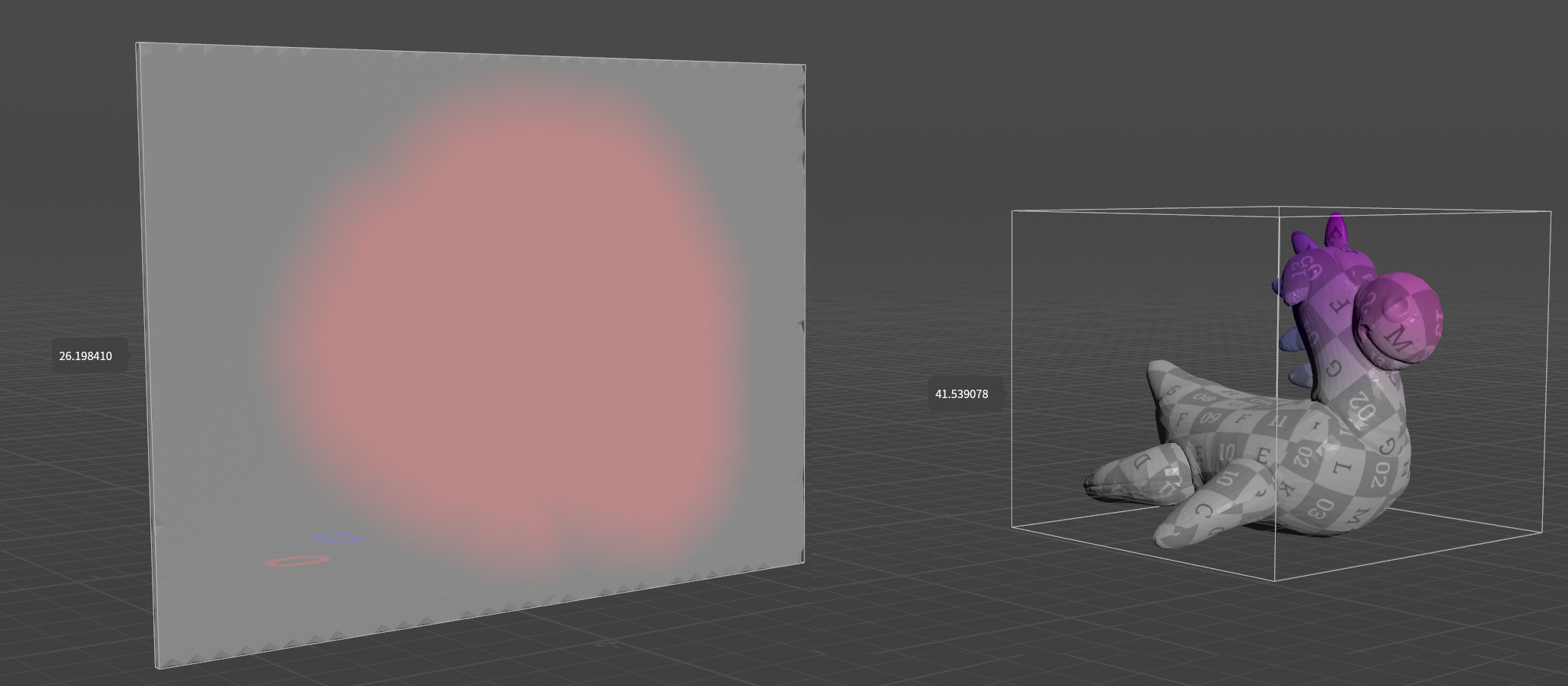 Houdini viewport showing baked vertex colors and maximum displacement values for the wall and rubber toy meshes